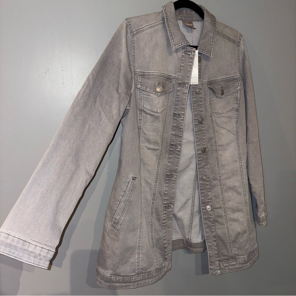 CHICO’S Women's NEW Distressed Gray Long Denim Jacket Size 1 (Medium) MSRP $109